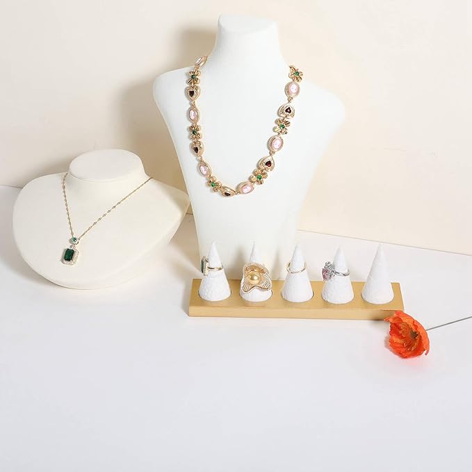 GemeShou Jewelry ring display holder for selling, velvet ring cone display stand, cute cone shaped ring holder with golden coated base,Large jewelry ring storage organizer【Ring holder-white 5 cone】