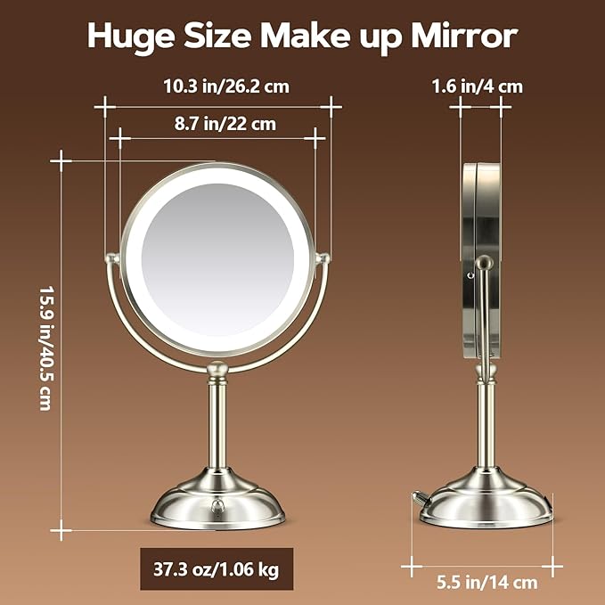 Makeup Mirror with Lights, 9" 20X Magnifying Mirror with Light and 3 Colors, Vanity Mirror with Lights and Adjustable Brightness, 2-Sided Desk Mirror with Light for Makeup, Nickel