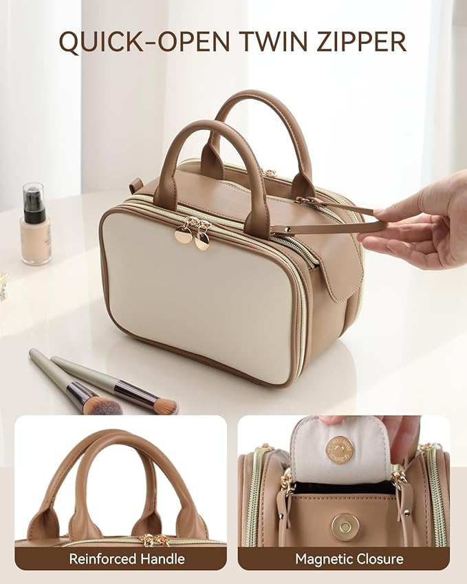 Prite Travel Makeup Bag Women’s Large Capacity Waterproof Cosmetic Organizer Portable Open Flat Toiletry Case with Free-standing Brush Holder and Handle(Beige Brown Large)