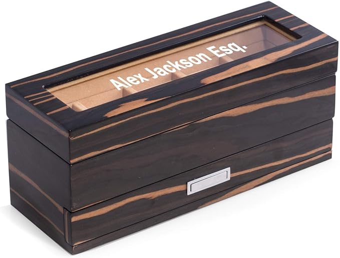 Bey-Berk Personalized Ebony Wood 5-Slot Watch Box, Lacquered Glass-Top Watch Display Case with Velour-Lined Cushions and 5-Compartment Accessory Drawer, 12" x 4.25" x 5.15"