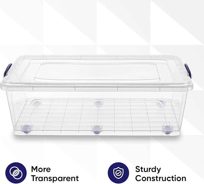 Superio Storage Bins with Lids- Clear Boxes for Organizing, Stackable Plastic Containers- BPA Free, Non-Toxic, Odor Free, Organizer for Home, Office, Dorm (6 Pack, 42 Qt (Under Bed-Wheeled))