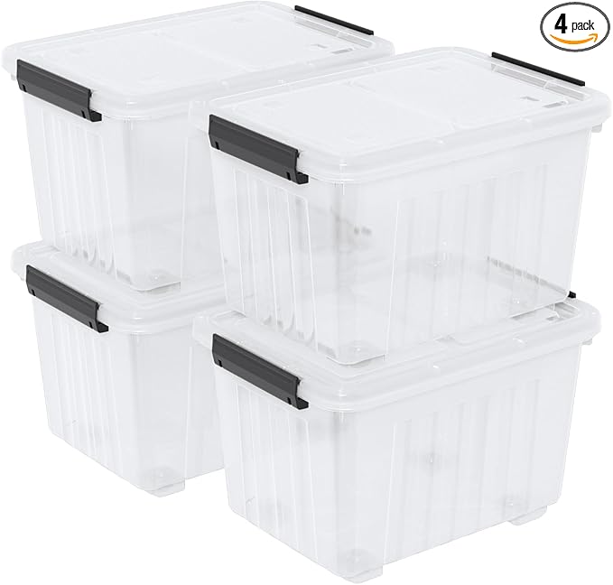 50 Quart Large Plastic Storage Box with Wheels, Latching Box with Lid, Wheeled Storage Bin, 4 Packs
