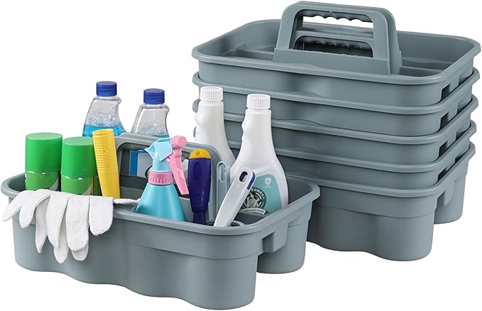 6-Pack Plastic Cleaning Storage Caddy with Handle, Cleaning Caddy Organizer, Gray