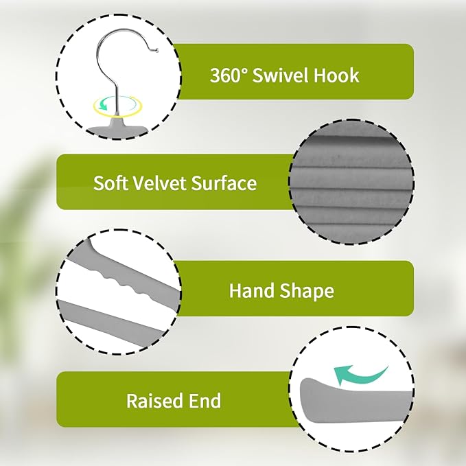 ManGotree Non Slip Velvet Pants Hangers, Open Ended Felt Jean Hangers for Closet Organizer, Heavy Duty Space Saving for Trousers, Slacks, Shorts, Dress, Scarf (20 Pack, Grey)