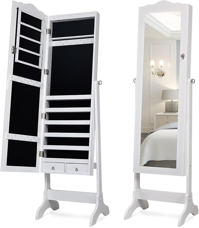 Giantex Jewelry Armoire Organizer with Full Length Mirror, 14 LEDs Floor Standing Jewelry Cabinet with 2 Drawers, 4 Adjustable Angles, Lockable Jewelry Storage Box Cabinet (White)