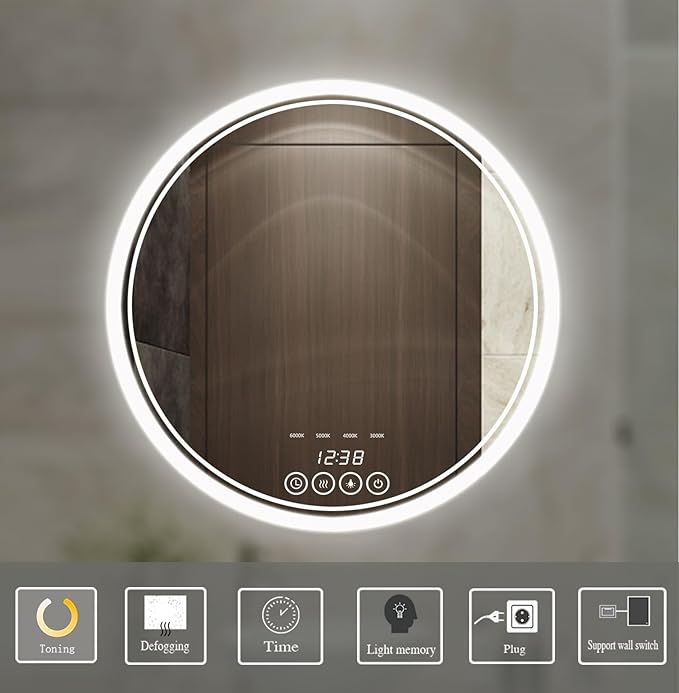 24 Inch Wall-Mounted Round Bathroom Mirror with LED-Lights - Vanity Mirrors (24" x 24",Frameless)