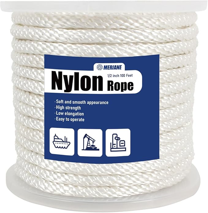 MERIANE 1/2 Inch Nylon Rope 100 Ft – Multipurpose Solid Braided Rope – Ideal Use for Camping, Clothesline, Marine, Flag Line – Abrasion & UV Resistant – Shock Absorption Rope for Indoor Outdoor