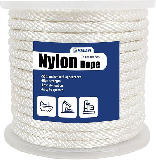 MERIANE 1/2 Inch Nylon Rope 100 Ft – Multipurpose Solid Braided Rope – Ideal Use for Camping, Clothesline, Marine, Flag Line – Abrasion & UV Resistant – Shock Absorption Rope for Indoor Outdoor