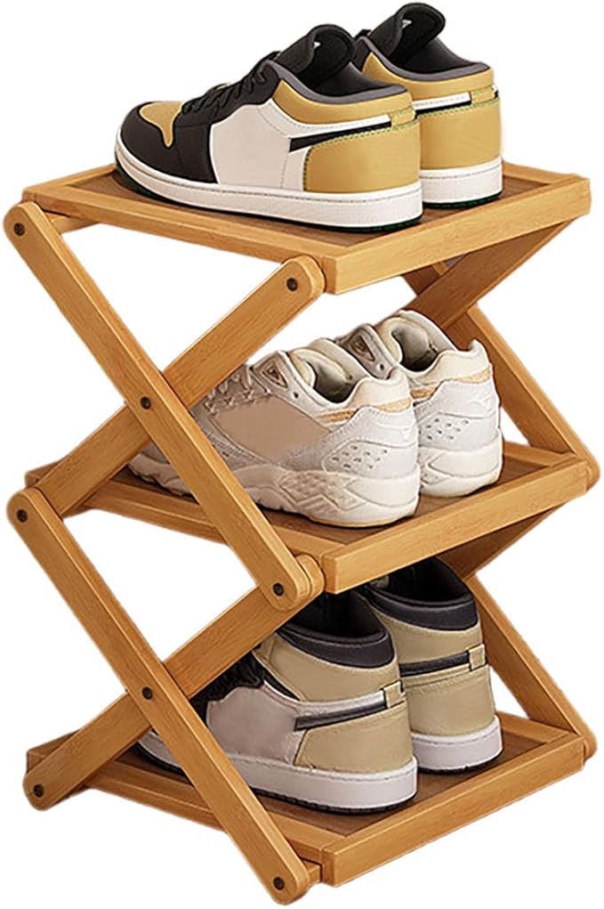 YYW Flat Bamboo Shoe Rack for Entryway, Installation-Free and Folding Vertical Small Shoe Rack, Saves Space Narrow Shoe Racks for Doorway Closet