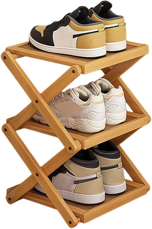 YYW Flat Bamboo Shoe Rack for Entryway, Installation-Free and Folding Vertical Small Shoe Rack, Saves Space Narrow Shoe Racks for Doorway Closet