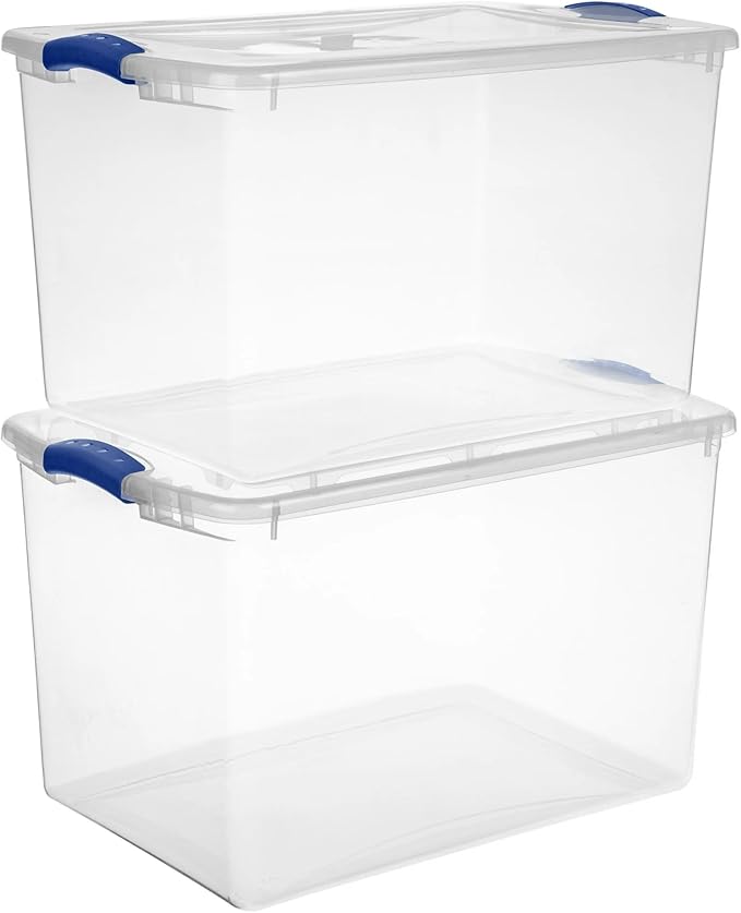2 Pack 66 Quart Durable Storage Bin – Clear Plastic Container with Secure Blue Latch Lid, Stackable for Home, Closet, Garage, Basement & Attic Organization