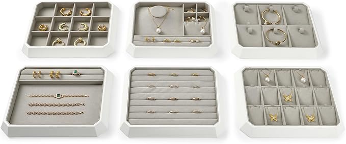 PU Leather Multifunctional Jewelry Display Tray Stackable Jewelry Organizer Tray for Accessory Trade showcase(Grey)