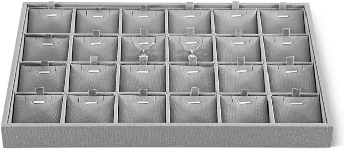 Linen Stackable Necklace Storage Tray, 24 Grid Pendant Display Tray, Jewellery Shop Counter Showcase Table Top Organizers, Makeup Table Drawer Insert Jewelry Tray