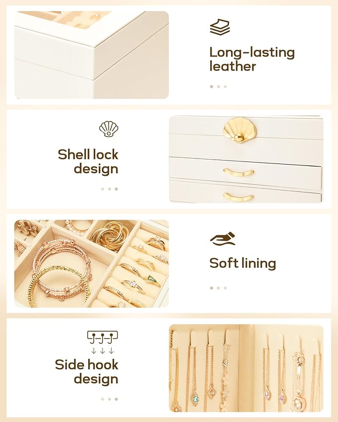 Jewelry Box with 3 Drawers: Display Organizer for Earrings Necklaces - Gift for Girls Women (White)