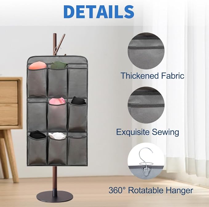 2 Pcs Closet Organizer Dual Sided Hanging Shoe Storage Bag Underwear Socks Holder with 18 Pockets (FABRIC POCKETS)