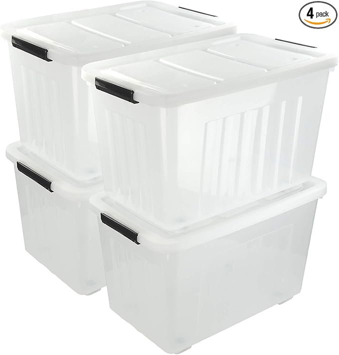 70 L Clear Storage Containers, 4-Pack, Plastic Stackable Storage Bins with Lids and Wheels, BPA-Free