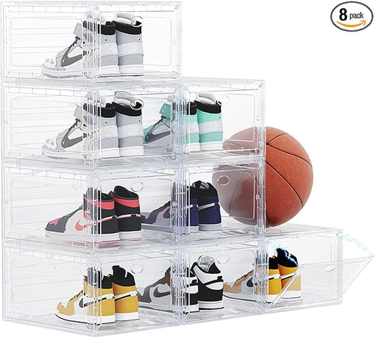 US 15 Clear Entryway Shoe Storage Boxes Stackable XXL, 8 Pack Clear Shoe Boxes Stackable for Closet, Drop Front Large Plastic Shoe Containers Collecting Sneakers.
