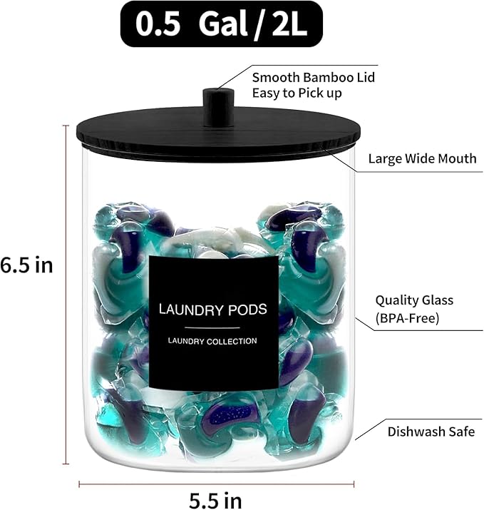TIPGO Laundry Pods Container with 27 Labels, Glass Jars for Laundry Room Organization, Detergent Holder with Bamboo Lid, Cute Storage Jars, Black (Set of 1)