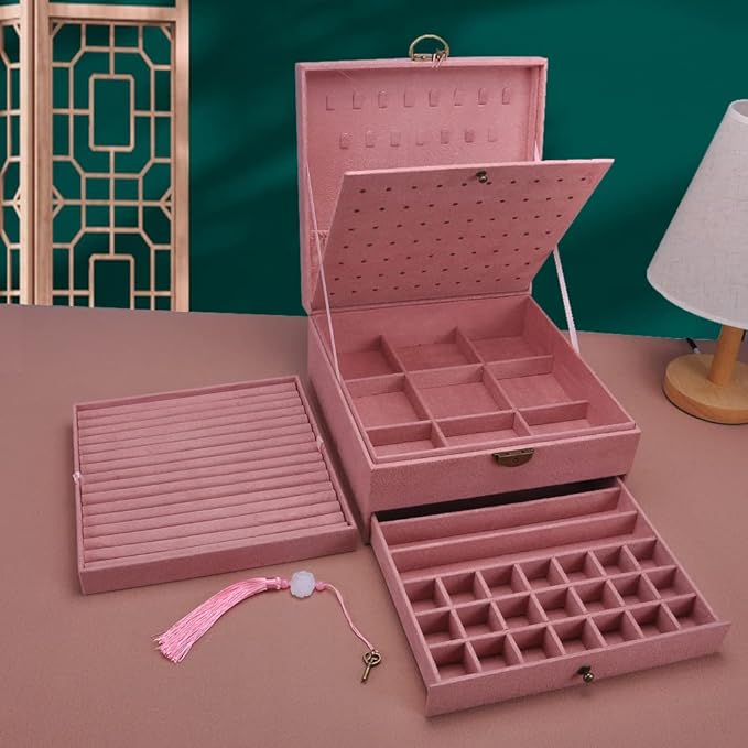 Jewelry Organizer 5 Layers Velvet Square Jewelry Box Women Necklace Ear studs Display Bangles Large Jewelry Storage Case Drawer GY306 (Pink)
