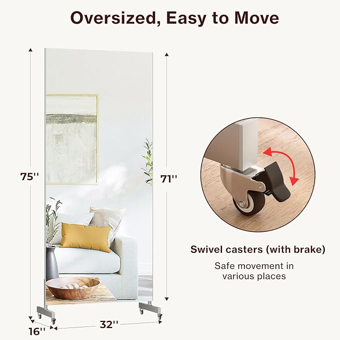 Standing Full Length Mirror on Wheels 71" x 32" Large Rolling Mirrors Smooth Moving Unbreakable Glassless Mirror for Home Gym Dance Studio Yoga, Silver