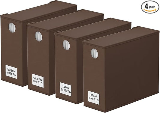 SpaceAid 4 Pack Bed Sheet Organizers and Storage, Foldable Sheet Organizer for Linen Closet, Sheets Set Folder Keeper with Window XL (Queen & King Size) Bedding Container (Brown, 4 Pack)
