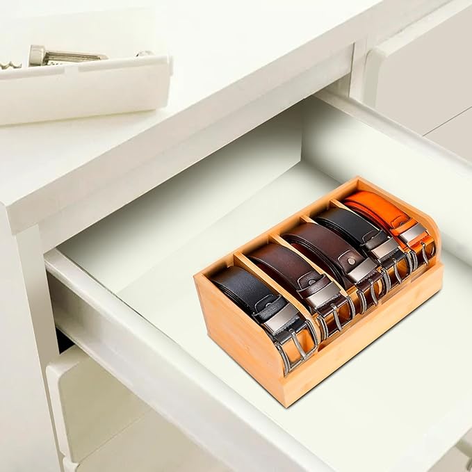 GTI Belt Organizer, 5 Compartments Belt Organizer for Closet and Drawer, Bamboo Display Case for Tie and Belt, Belt Storage Organizer for Men Women (Wooden)
