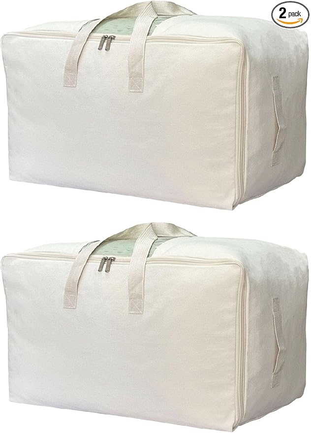 Soft Canvas Clothes Storage Bags with Four Carrying Handles and Clear Window, Closet Organizer for Clothing, Blankets Sheets and Bedding, 55L, 2 Pack, Beige