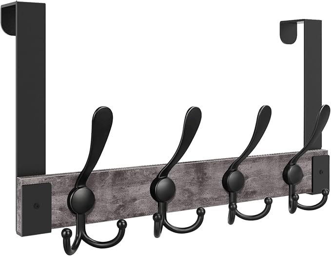 Homode Over The Door Hooks Heavy Duty,Wooden Door Coat Hanger with 4 Tri Hooks, Over The Door Towel Rack for Bathroom, Back of Door Hooks for Hanging Towels, Clothes, Hats, Bags, Grey