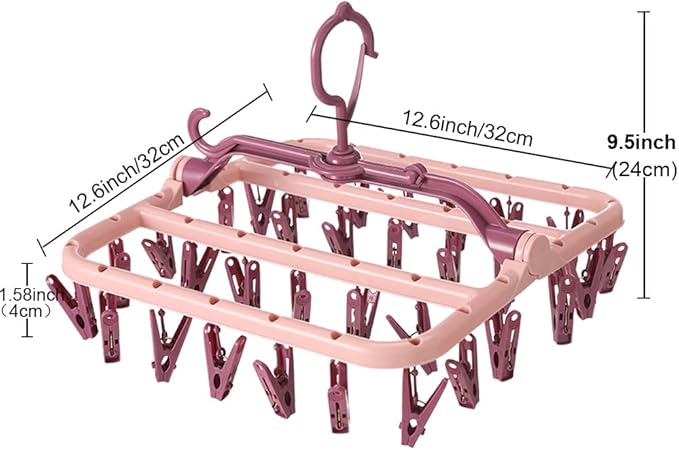 Clothes Drying Racks Foldable Clip Hangers Plastic with 32 Drying Clips Wind-Proof Hook Underwear Hanger for Socks Bras (Pink)