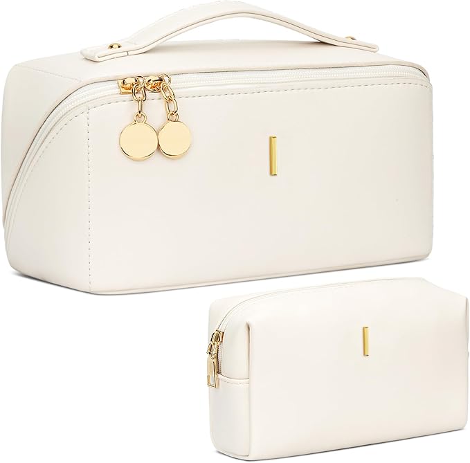 Valentine's Day Gifts for Women Teen Girl, Personalized Initial Makeup Organizer Bag Set, Open Flat Travel Cosmetic Bag With Clear Divider and Handle(Beige,I)