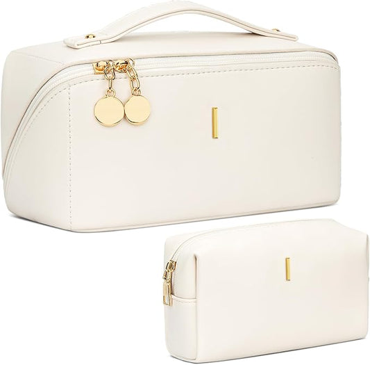 Valentine's Day Gifts for Women Teen Girl, Personalized Initial Makeup Organizer Bag Set, Open Flat Travel Cosmetic Bag With Clear Divider and Handle(Beige,I)