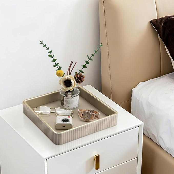 GORESE Square Perfume Tray Nightstand Organizer, PU Leather Purse Bowl Jewelry Trays for Dresser, Trinket Dish Catchall Bowl for Keys, Decorative Vanity Tray, Gift for Women, Beige(9.3'' × 9.3'')