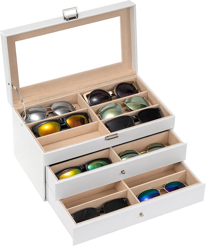 ProCase 3-layer Sunglasses Storage Organizer, 18 Slots Leather Sunglass Box Multiple Pairs Eyeglass Cases Eye Glass Eyewear Display Holder for Men Women, Father's Day Gift -White