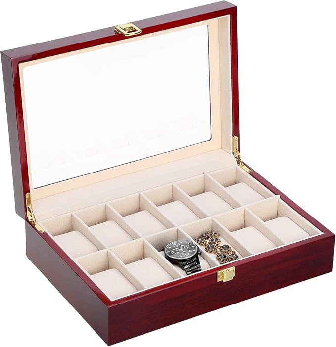 Uten Watch Box, 12 Slot Wooden Watch Case with Removable Watch Pillow, Metal Clasp Watch Display, Watch Box Organizer for men and women.