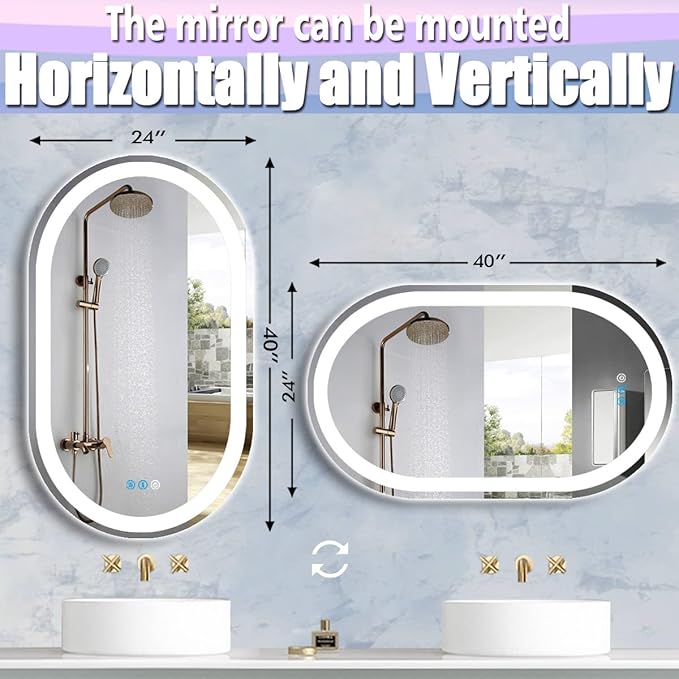 40 x 24 Inch Oval LED Bathroom Mirror with Lights 40 Inch Large Oval Lighted Vanity Mirror for Bathroom Salon Wall Horizontal/Vertical Mounted Anti-fog Smart Memory 3 Color Dimmable Front Lit