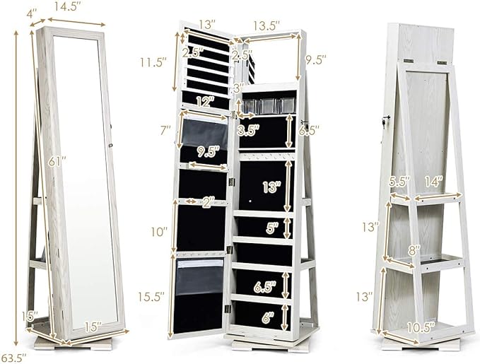 CHARMAID 360° Swivel Jewelry Armoire with Higher Full Length Mirror & Inside Makeup Mirror, Standing Lockable Jewelry Cabinet Organizer, Large Capacity, Back Storage Shelves (Grayish White)