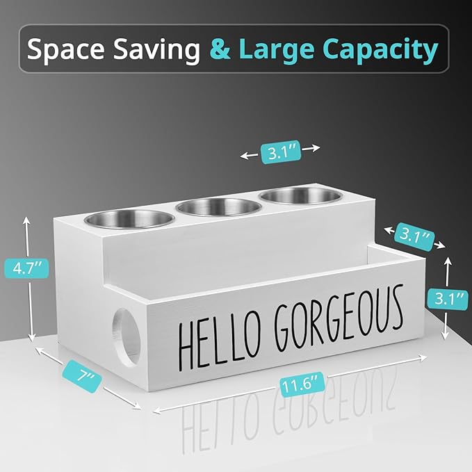 Bivvclaz Hair Tool Organizer, Wooden Hair Dryer Holder Countertop, Wall Mount Hot Tools Organizer for Hair Styling Accessories, Bathroom Supplies Vanity Caddy for Curling Wand, Blow Dryer, White