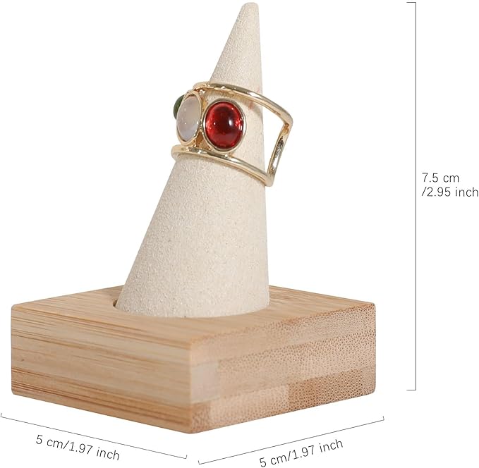 GemeShou Beige wood ring storage organizer, Velvet Jewelry ring display holder, Cute ring display stand for selling, wedding ring holder at nightstand【Beige with single cone】