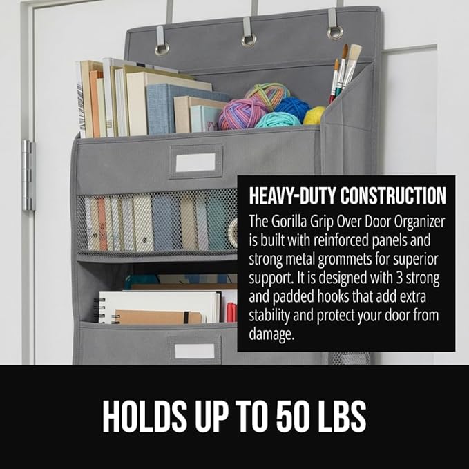 GORILLA GRIP Over The Door Organizer Storage, 5 Deep Hanging Shelves, Holds 50lbs, Closet Organizers Shelf for Bedroom, Bathroom, Nursery, Dorm Essentials, 3 Metal Hooks, 58x15 Inches, Grey