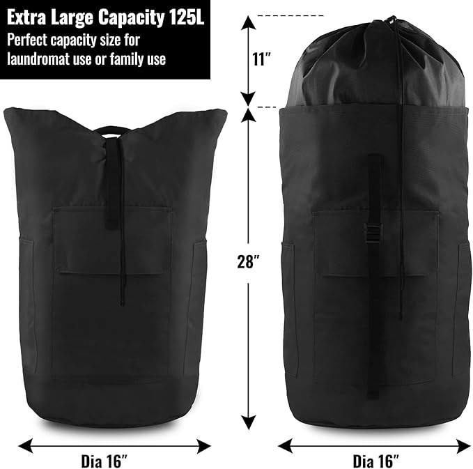 Laundry Bag Backpack, 125L Extra Large Laundry Backpack with Shoulder Straps, Adjustable Extendable Laundry Hamper Bag with 3 Pockets for College, Travel, Camping (Black)