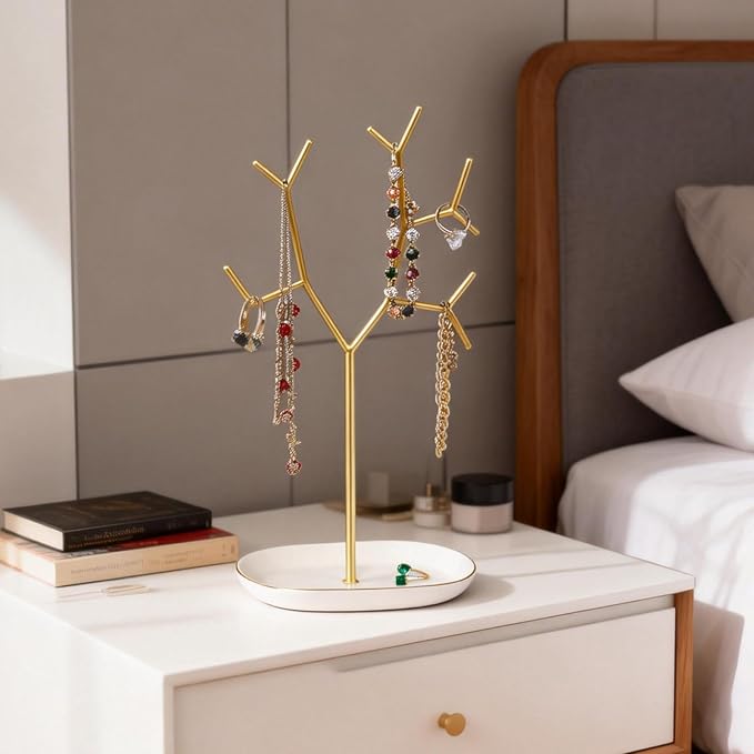 Elegant Jewelry Holder Tree Stand with Ceramic Tray - Metal Necklace Holder Organizer for Rings Bracelets Earrings - Tangle Free, Rustproof Decorative Display for Vanity Dresser