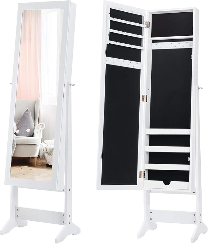 Giantex Jewelry Cabinet with Full-Length Mirror, Standing Jewelry Armoire Organizer with 64 Earring Slots, 72 Ring Slots, 20 Necklace Hooks, 4 Storage Shelves, 3 Angle Adjustable (White)