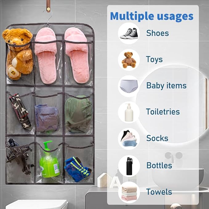 2 Pcs Closet Organizer Dual Sided Hanging Shoe Storage Bag Underwear Socks Holder with 18 Pockets (CLEAR POCKETS)