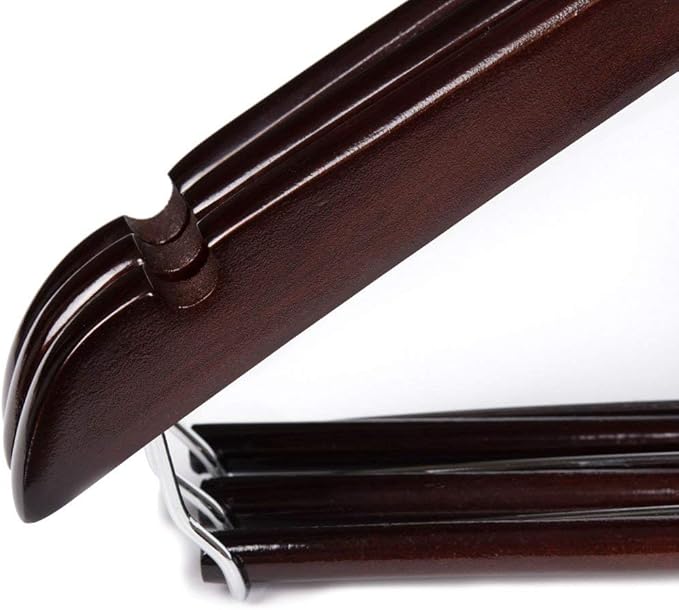 10 Quality Hangers Wooden Curved Hangers Beautiful Sturdy Suit Coat Hangers with Locking Bar Chrome Hooks (10)