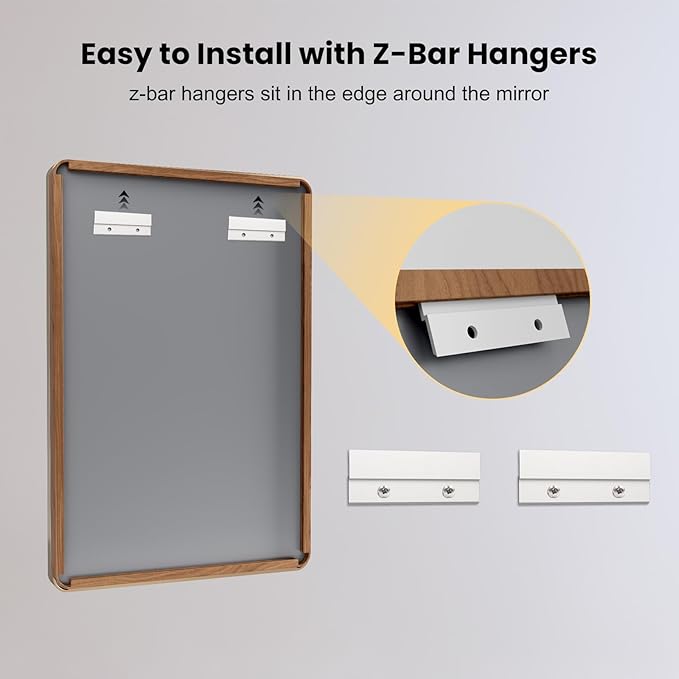 LOAAO 55X30 Inch Bathroom Mirror with Wood Grain Colored Metal Frame, Rounded Rectangle Metal Framed Bathroom Mirror, Anti-Rust, Hangs Horizontally or Vertically, Tempered Glass