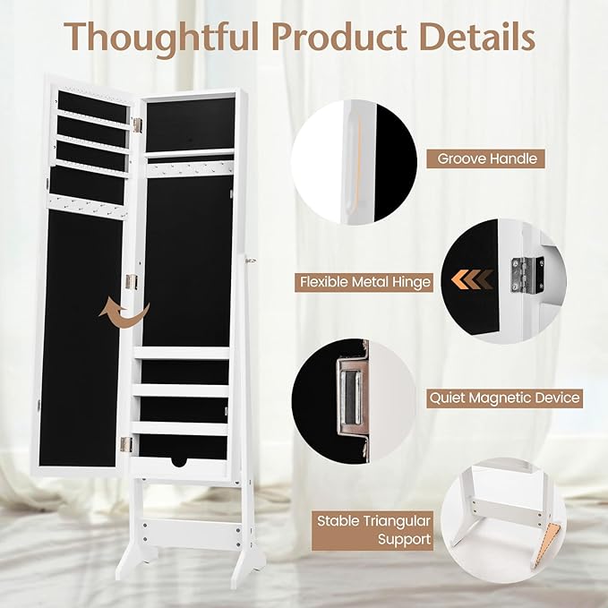 COSTWAY Jewelry Armoire, Standing Jewelry Organizer with Full-length Mirror & 3 Adjustable Angles for Bedroom, Dressing Room (White)