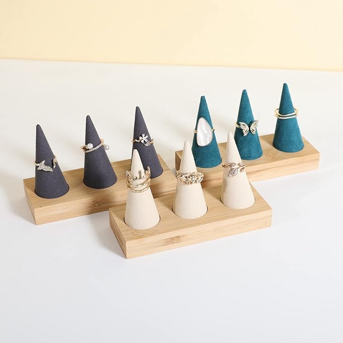 GemeShou Beige wood ring storage organizer, Velvet Jewelry ring display holder, Cute ring display stand for selling, wedding ring holder at nightstand【Beige with three cone】