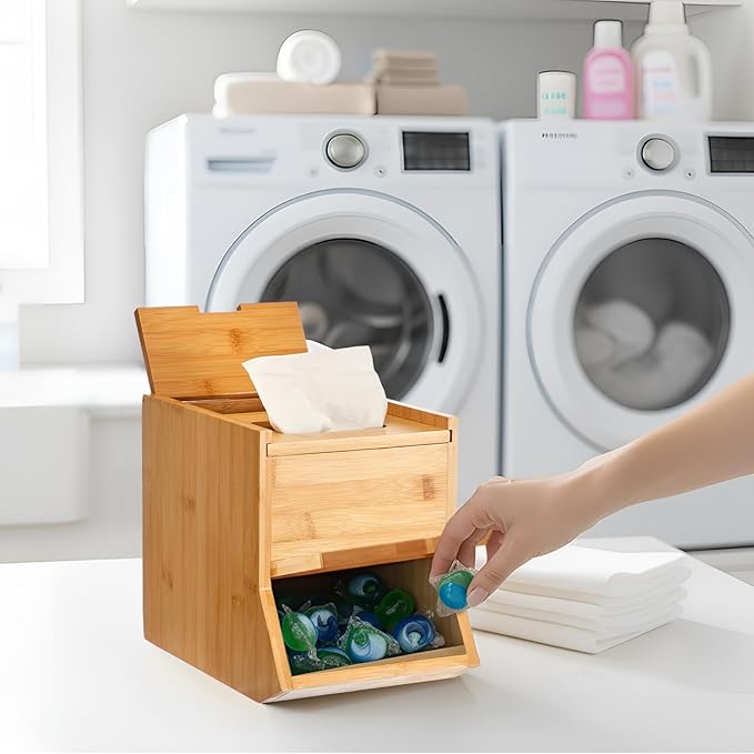 Bamboo Laundry Pods Container 10.6 x 8.3 x 6.9 Inch, 3 in 1 Multi Purpose Storage Organization Container for Laundry Pods, Facial Tissues, Disposable Gloves, Dryer Sheet Box
