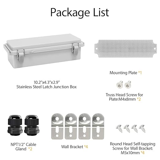 LeMotech Electrical Box, IP67 Waterproof Hinged Cover Stainless Steel Latch Junction Box, ABS Plastic Electrical Enclosure with Mounting Plate,Wall Brackets, Cable Glands,10.2"x4.3"x2.9”,Grey