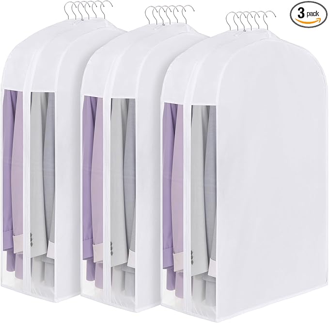 Kntiwiwo 32" Premium Cotton Garment Bag for Hanging Clothes, Breathable Suit Bags for Closet Storage with Extra Large 10" Gusseted & Clear Window, Dust Cover with Zipper for Short Clothes, 3 Pack